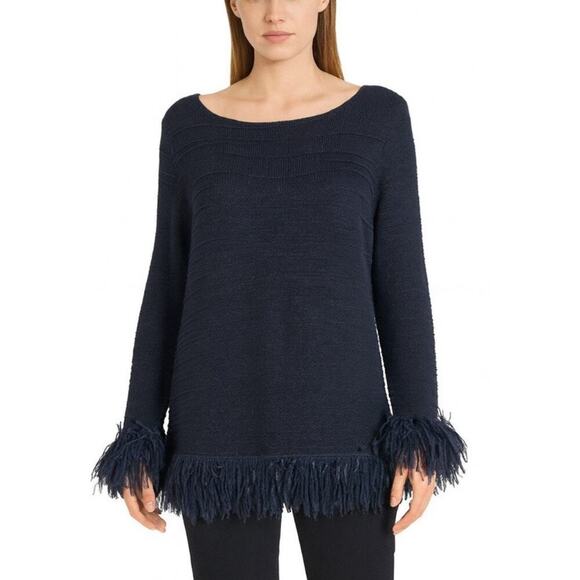 Nic + Zoe fring trim sweater long sleeve knit top black fringe cuff SZ LG - Picture 1 of 6